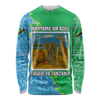 Tanzania Wildlife Long Sleeve Shirt with Tribal Print and Mount Kilimanjaro Safari Scene