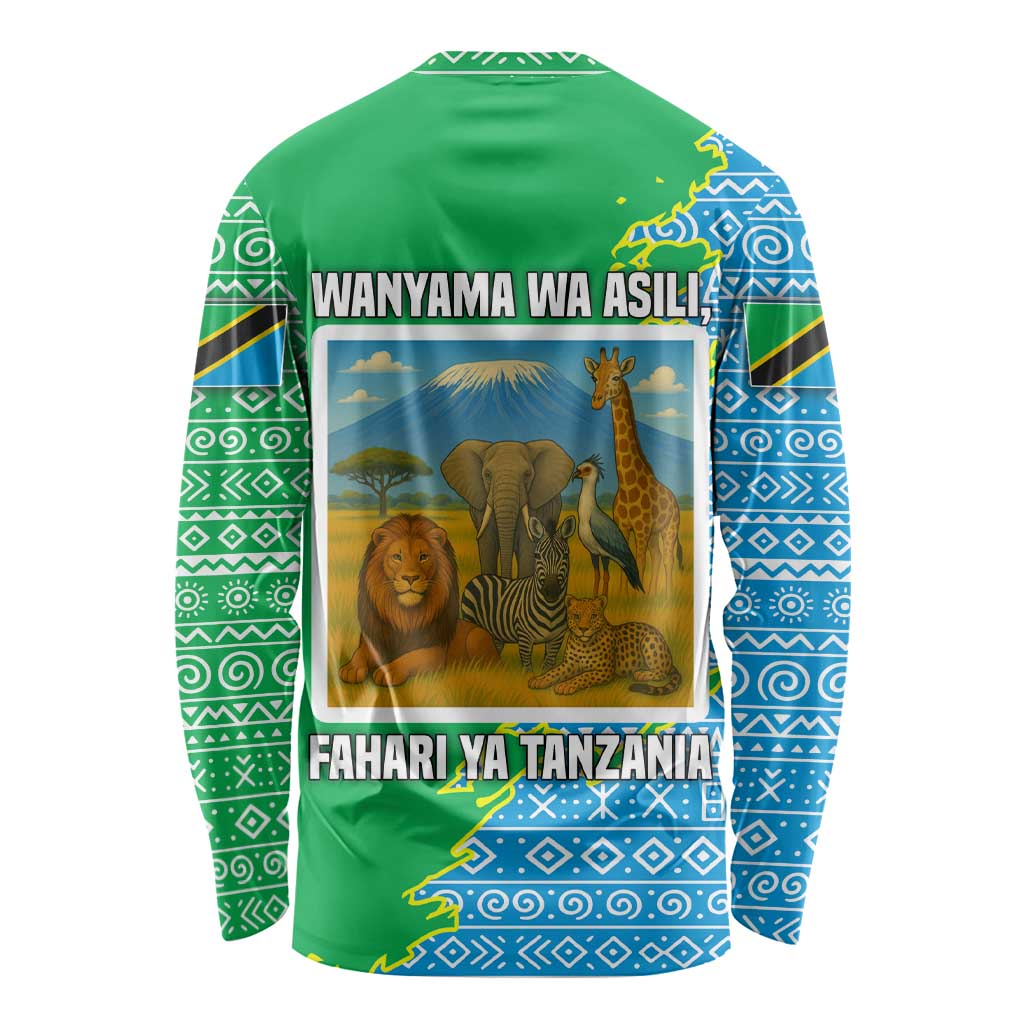 Tanzania Wildlife Long Sleeve Shirt with Tribal Print and Mount Kilimanjaro Safari Scene