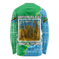 Tanzania Wildlife Long Sleeve Shirt with Tribal Print and Mount Kilimanjaro Safari Scene