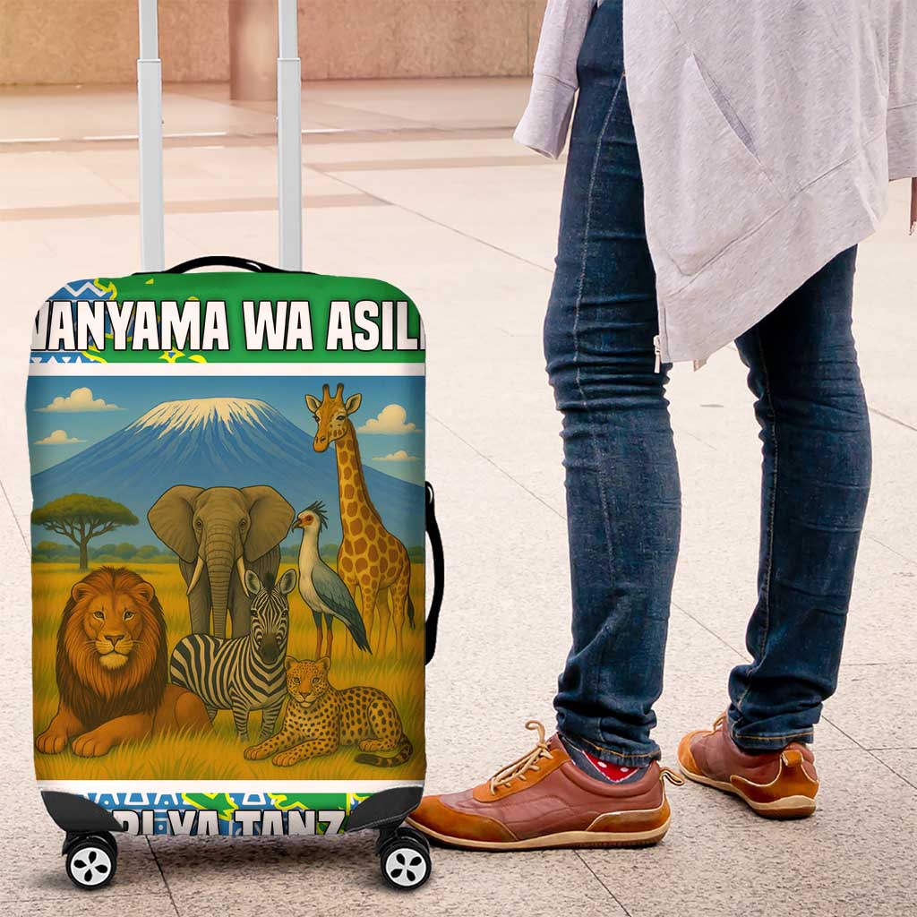 Tanzania Wildlife Luggage Cover with Tribal Print and Mount Kilimanjaro Safari Scene