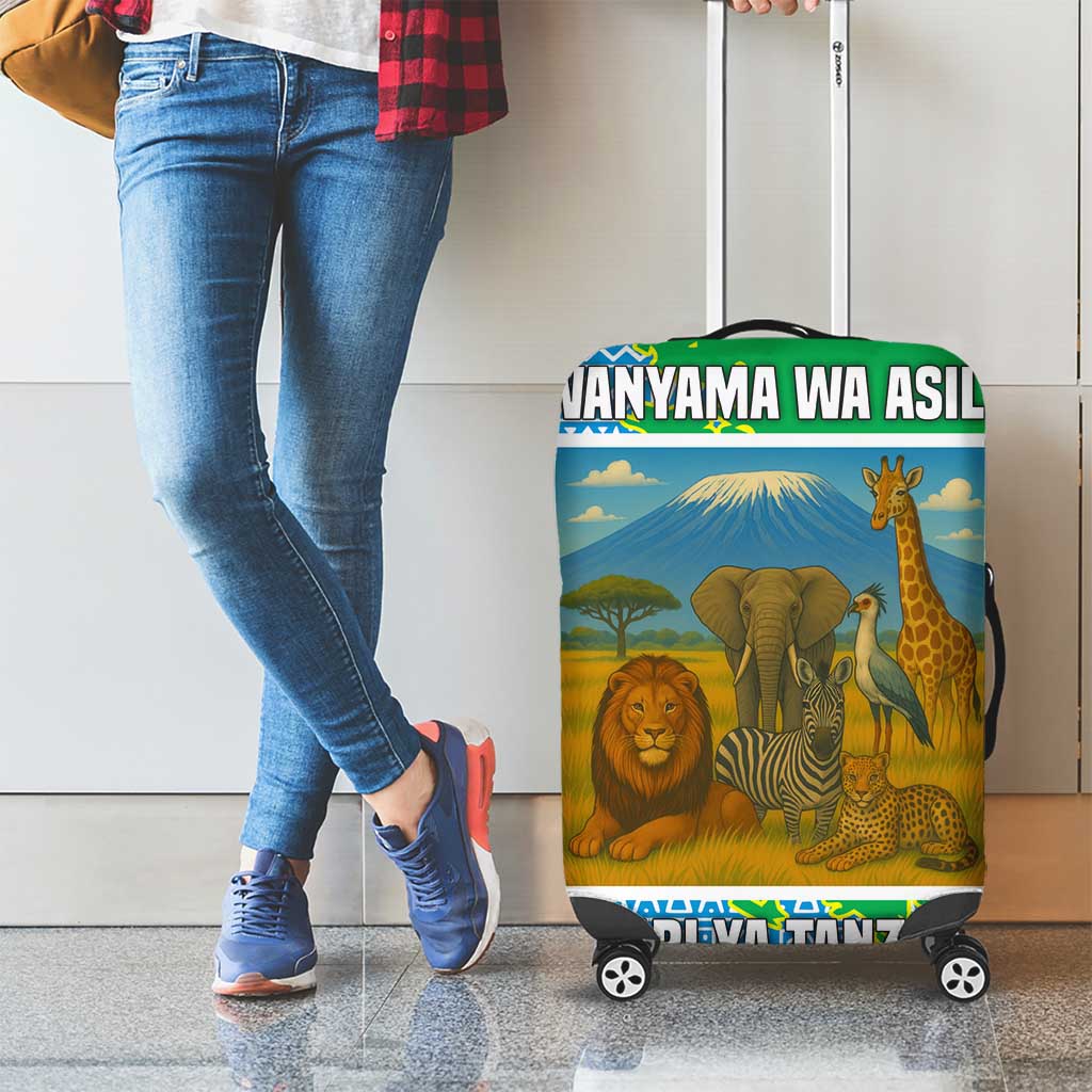 Tanzania Wildlife Luggage Cover with Tribal Print and Mount Kilimanjaro Safari Scene