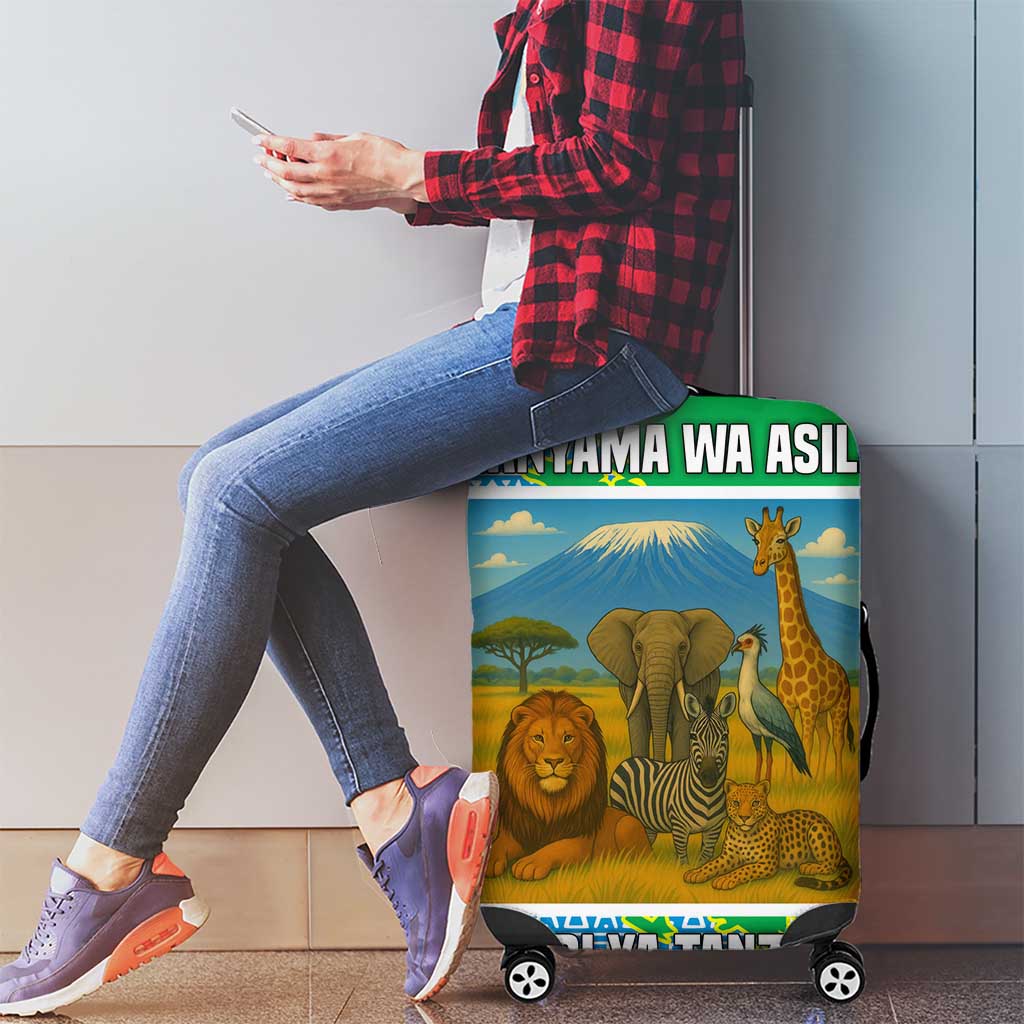 Tanzania Wildlife Luggage Cover with Tribal Print and Mount Kilimanjaro Safari Scene