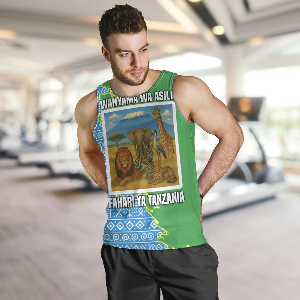 Tanzania Wildlife Men Tank Top with Tribal Print and Mount Kilimanjaro Safari Scene