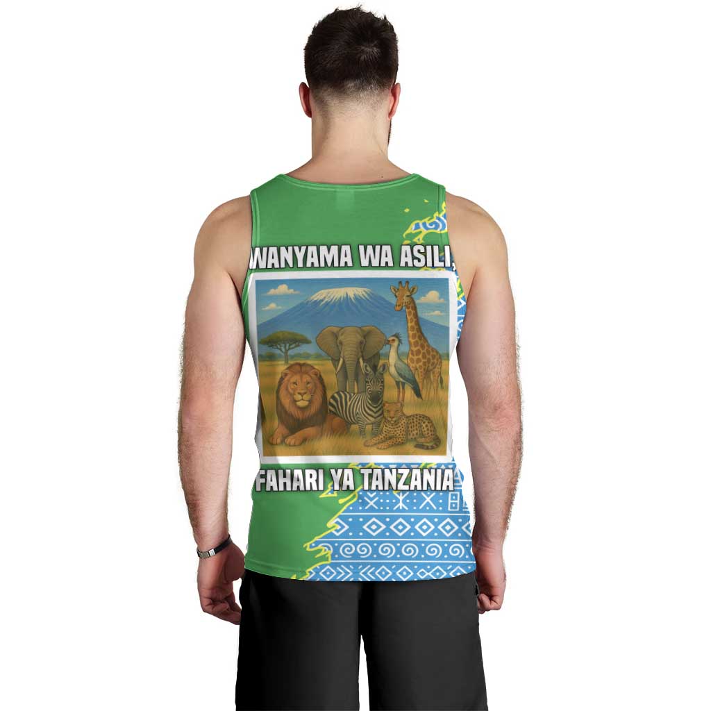 Tanzania Wildlife Men Tank Top with Tribal Print and Mount Kilimanjaro Safari Scene