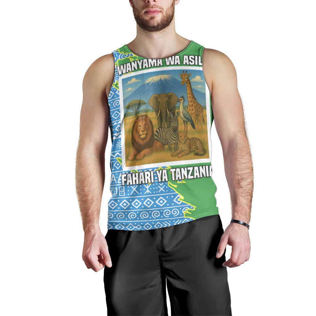 Tanzania Wildlife Men Tank Top with Tribal Print and Mount Kilimanjaro Safari Scene