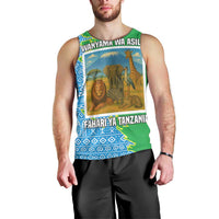 Tanzania Wildlife Men Tank Top with Tribal Print and Mount Kilimanjaro Safari Scene