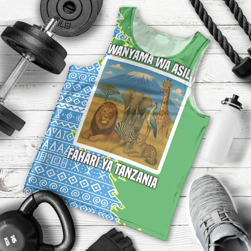 Tanzania Wildlife Men Tank Top with Tribal Print and Mount Kilimanjaro Safari Scene