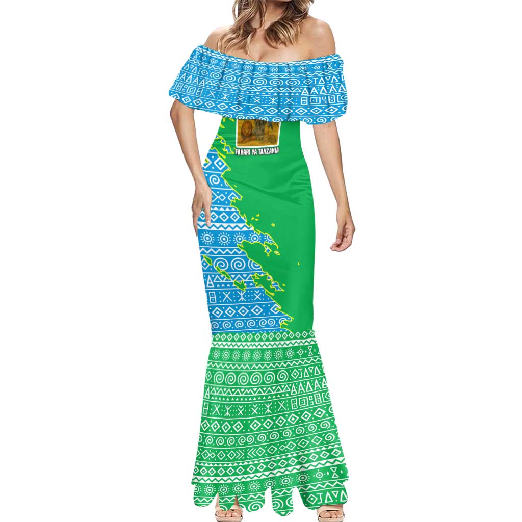 Tanzania Wildlife Mermaid Dress with Tribal Print and Mount Kilimanjaro Safari Scene