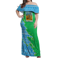 Tanzania Wildlife Off Shoulder Maxi Dress with Tribal Print and Mount Kilimanjaro Safari Scene