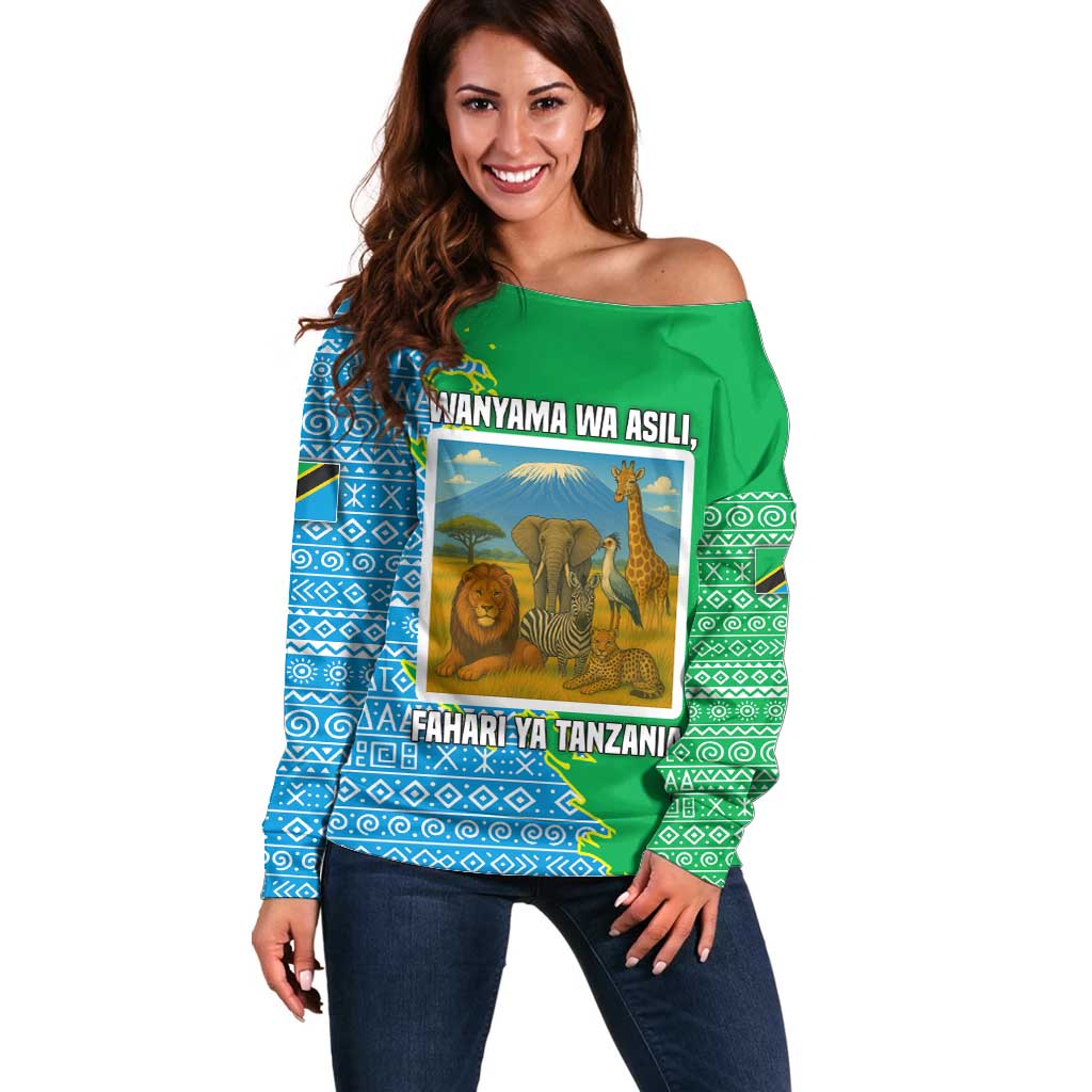 Tanzania Wildlife Off Shoulder Sweater with Tribal Print and Mount Kilimanjaro Safari Scene