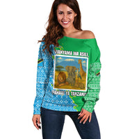 Tanzania Wildlife Off Shoulder Sweater with Tribal Print and Mount Kilimanjaro Safari Scene