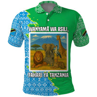Tanzania Wildlife Polo Shirt with Tribal Print and Mount Kilimanjaro Safari Scene