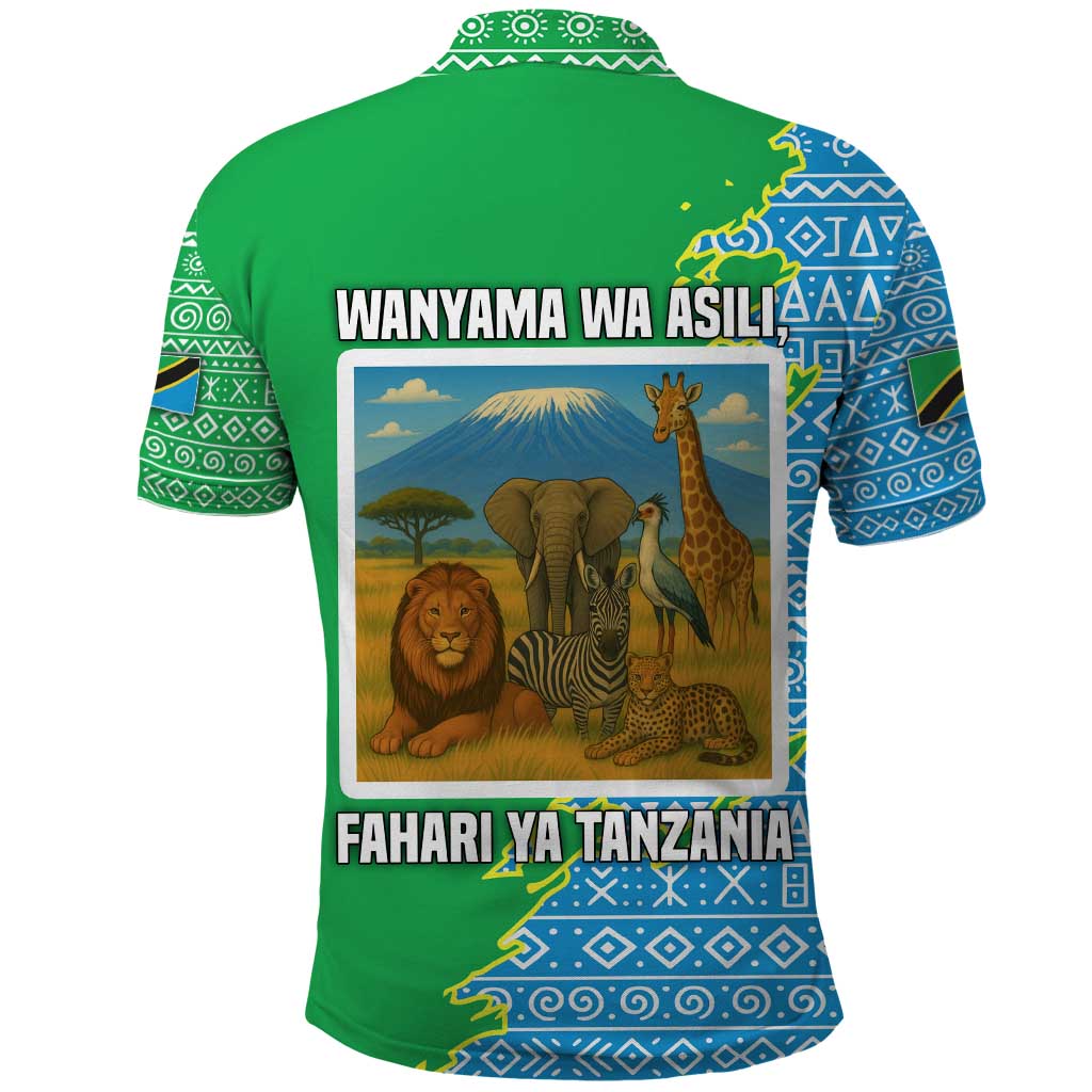 Tanzania Wildlife Polo Shirt with Tribal Print and Mount Kilimanjaro Safari Scene