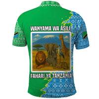 Tanzania Wildlife Polo Shirt with Tribal Print and Mount Kilimanjaro Safari Scene