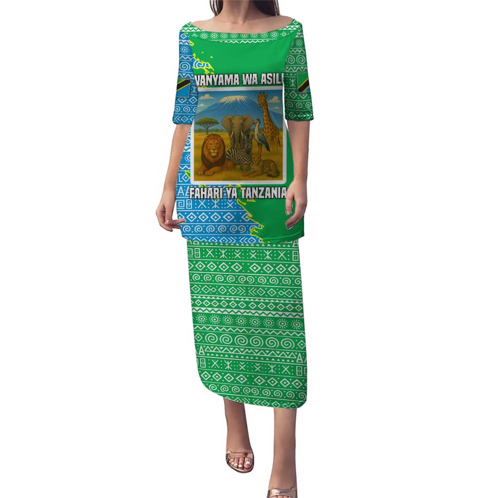 Tanzania Wildlife Puletasi with Tribal Print and Mount Kilimanjaro Safari Scene