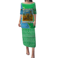 Tanzania Wildlife Puletasi with Tribal Print and Mount Kilimanjaro Safari Scene