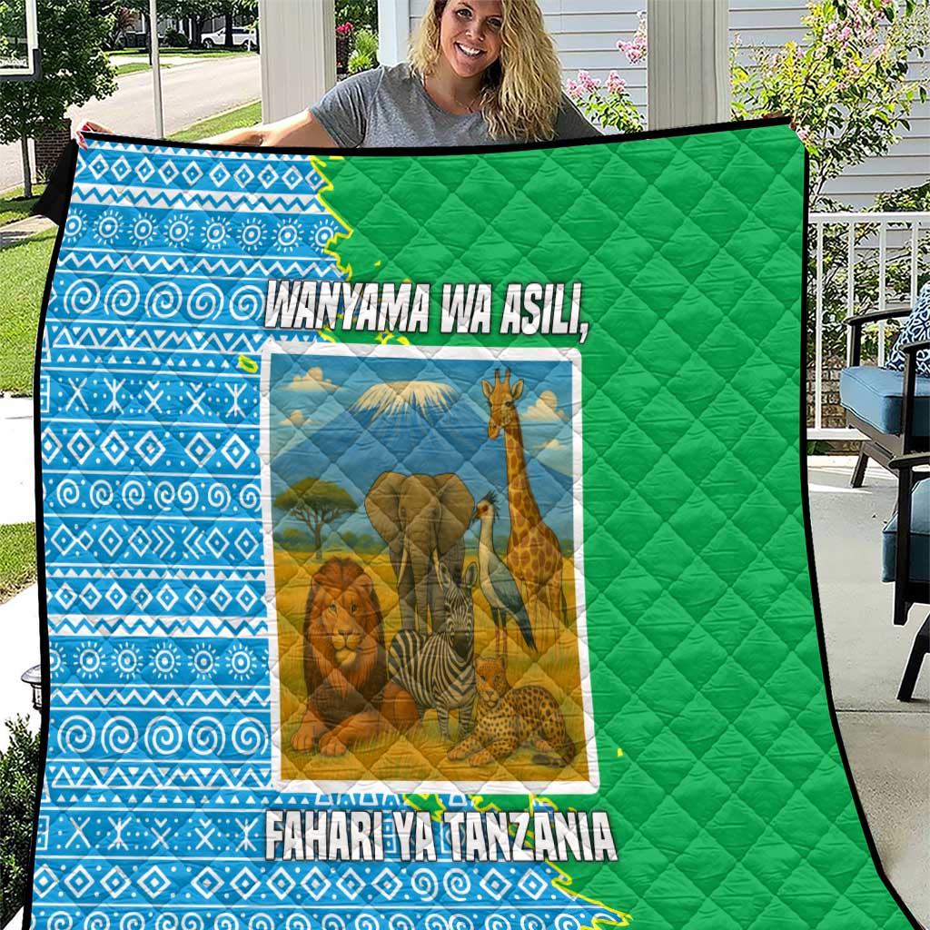 Tanzania Wildlife Quilt with Tribal Print and Mount Kilimanjaro Safari Scene