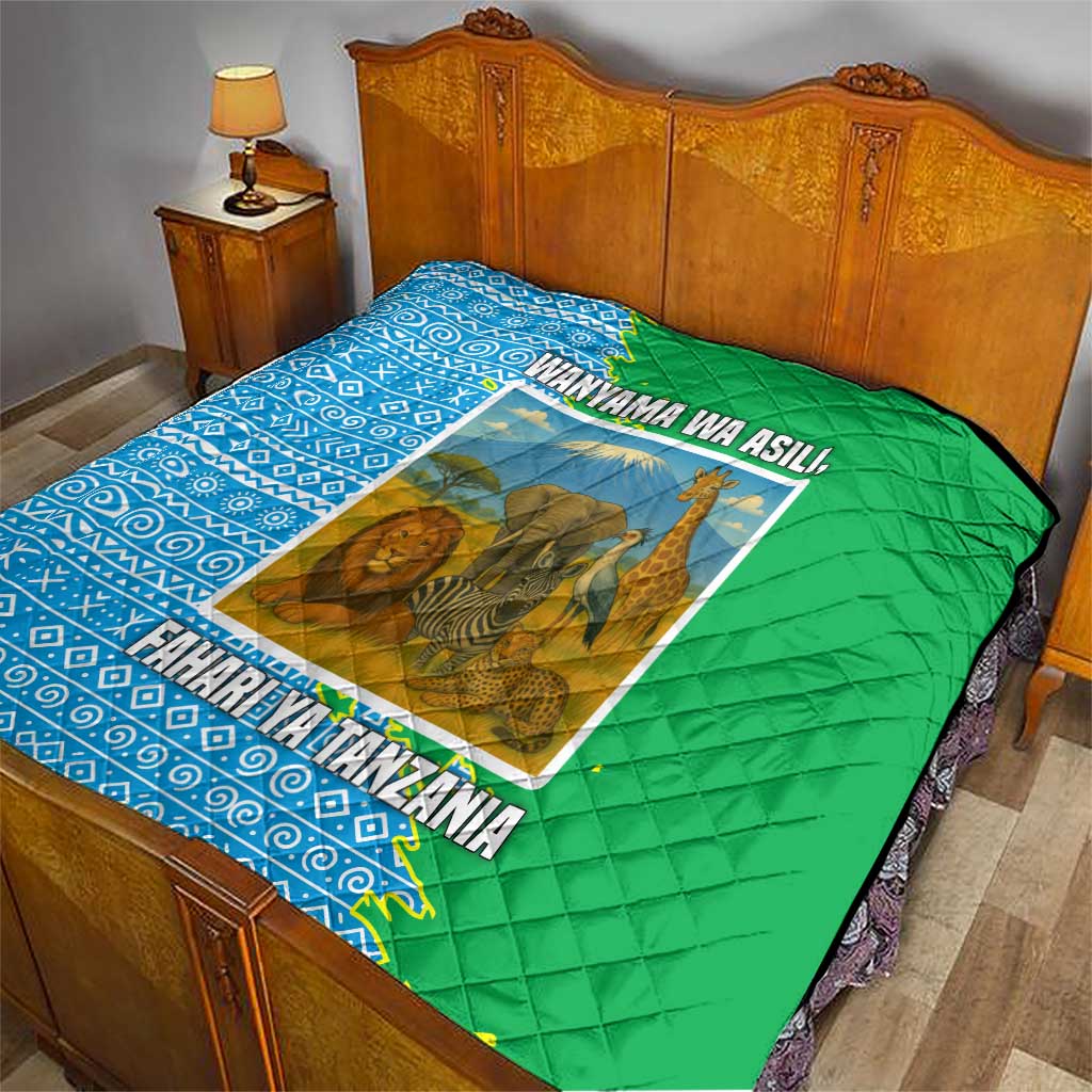 Tanzania Wildlife Quilt with Tribal Print and Mount Kilimanjaro Safari Scene
