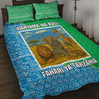 Tanzania Wildlife Quilt Bed Set with Tribal Print and Mount Kilimanjaro Safari Scene