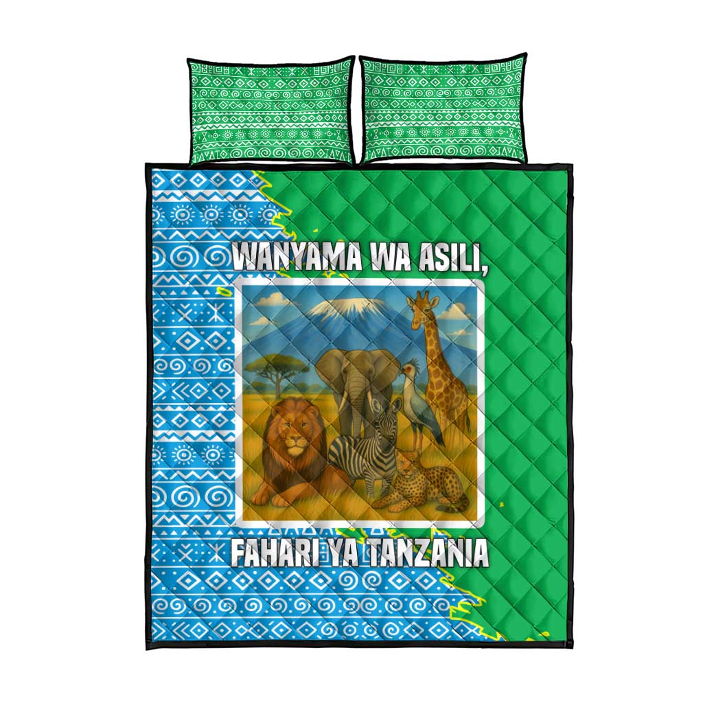 Tanzania Wildlife Quilt Bed Set with Tribal Print and Mount Kilimanjaro Safari Scene