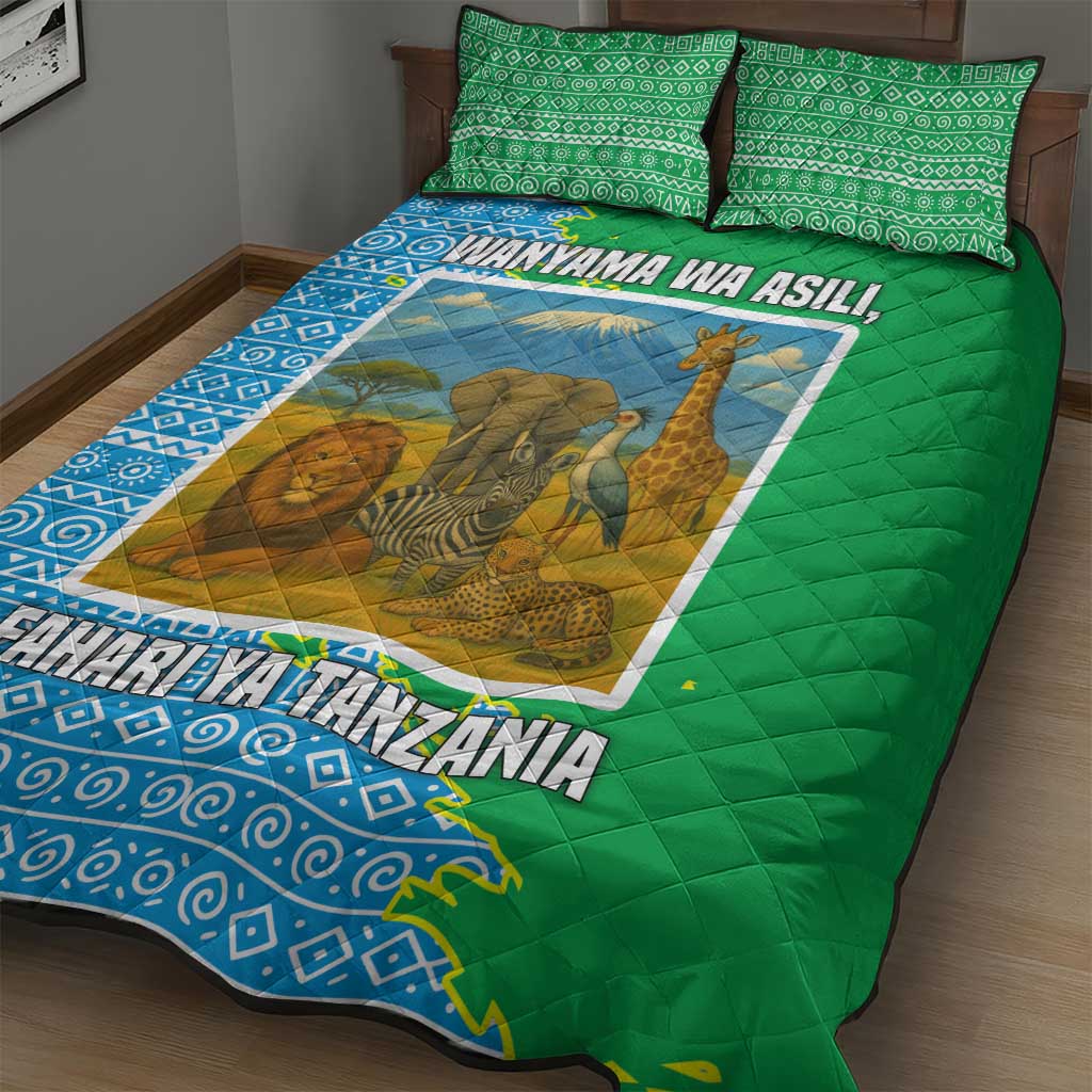 Tanzania Wildlife Quilt Bed Set with Tribal Print and Mount Kilimanjaro Safari Scene