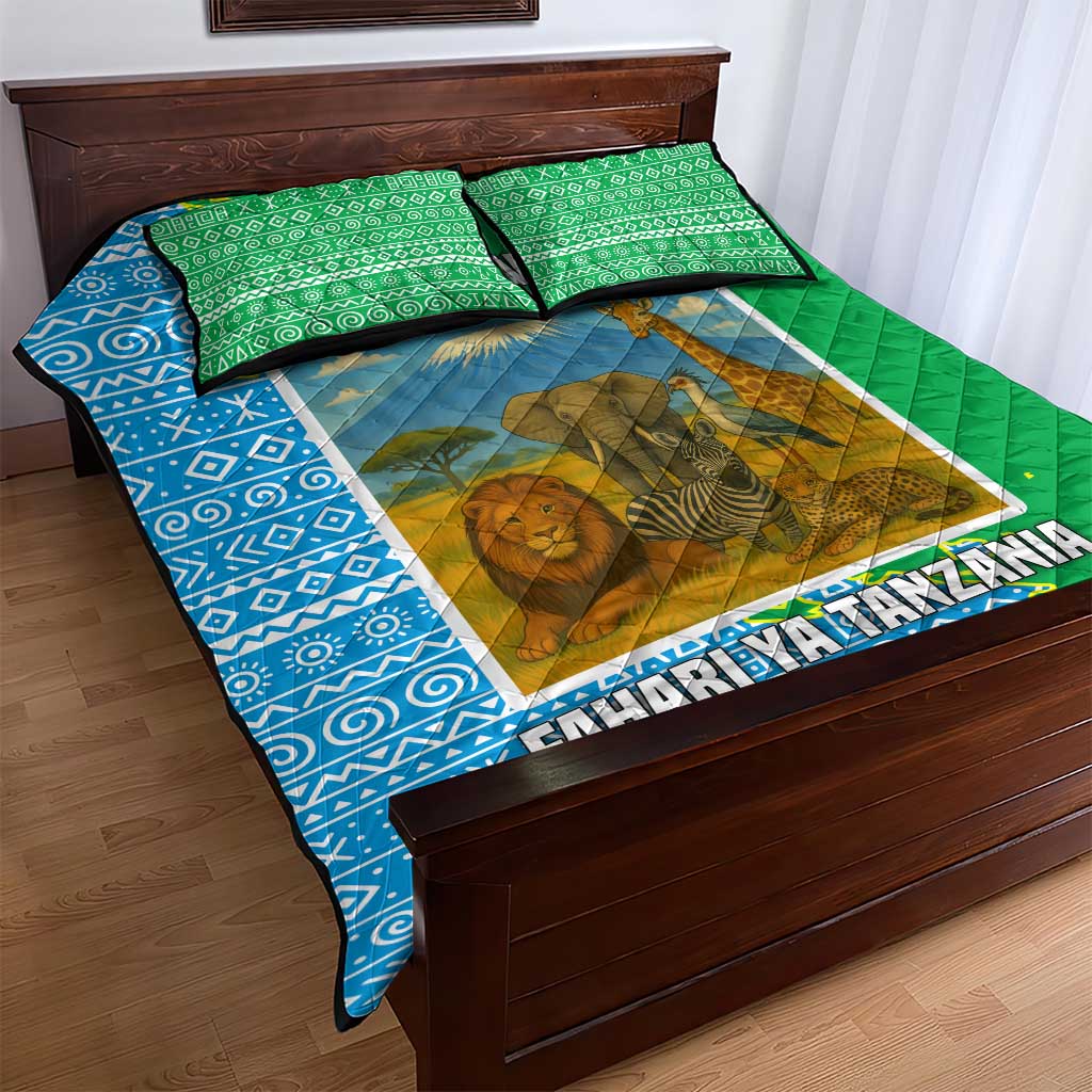 Tanzania Wildlife Quilt Bed Set with Tribal Print and Mount Kilimanjaro Safari Scene