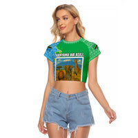 Tanzania Wildlife Raglan Cropped T Shirt with Tribal Print and Mount Kilimanjaro Safari Scene