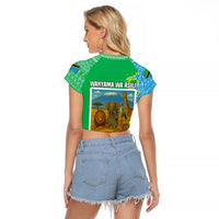 Tanzania Wildlife Raglan Cropped T Shirt with Tribal Print and Mount Kilimanjaro Safari Scene