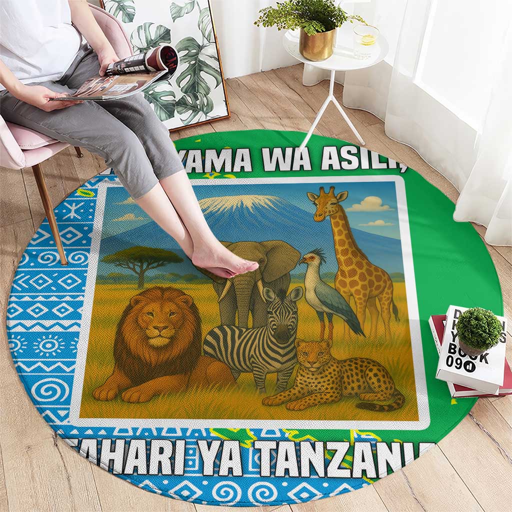 Tanzania Wildlife Round Carpet with Tribal Print and Mount Kilimanjaro Safari Scene