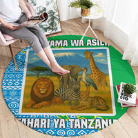 Tanzania Wildlife Round Carpet with Tribal Print and Mount Kilimanjaro Safari Scene
