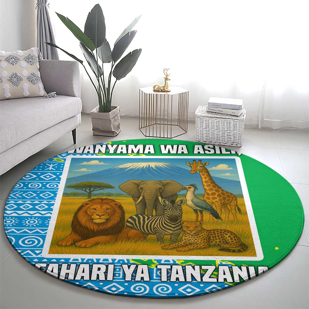 Tanzania Wildlife Round Carpet with Tribal Print and Mount Kilimanjaro Safari Scene