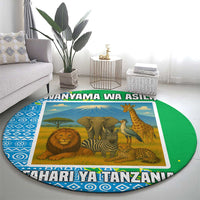 Tanzania Wildlife Round Carpet with Tribal Print and Mount Kilimanjaro Safari Scene