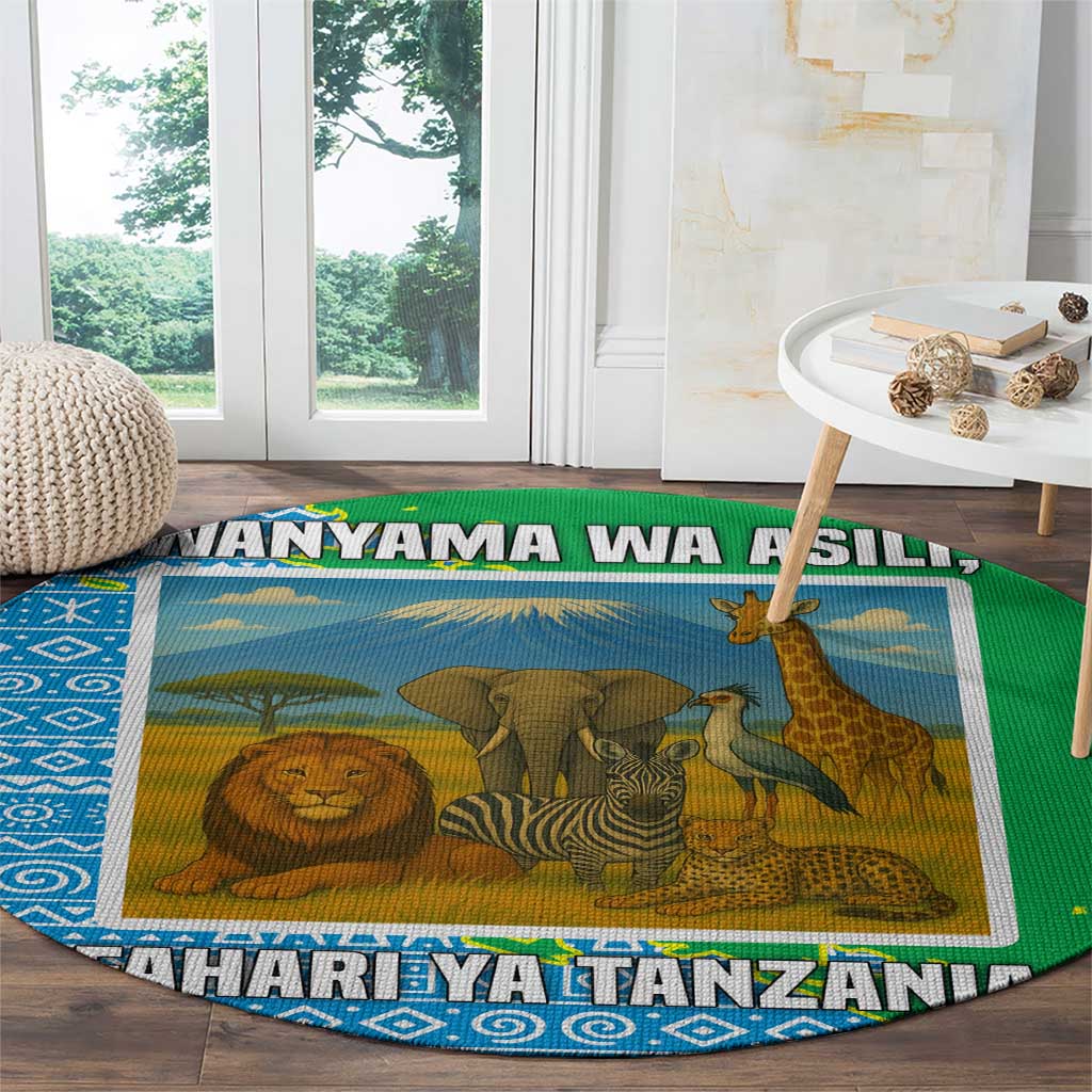 Tanzania Wildlife Round Carpet with Tribal Print and Mount Kilimanjaro Safari Scene