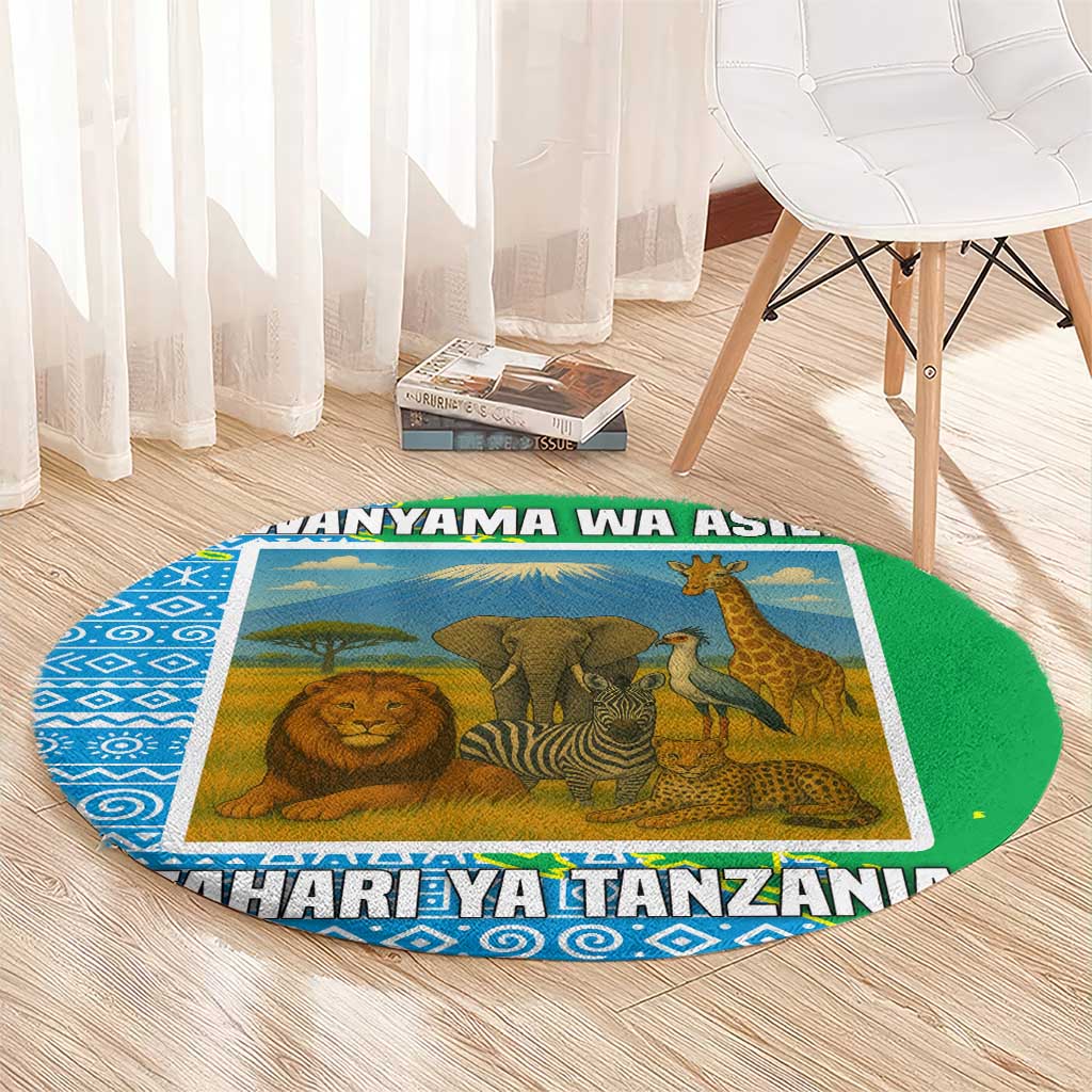 Tanzania Wildlife Round Carpet with Tribal Print and Mount Kilimanjaro Safari Scene