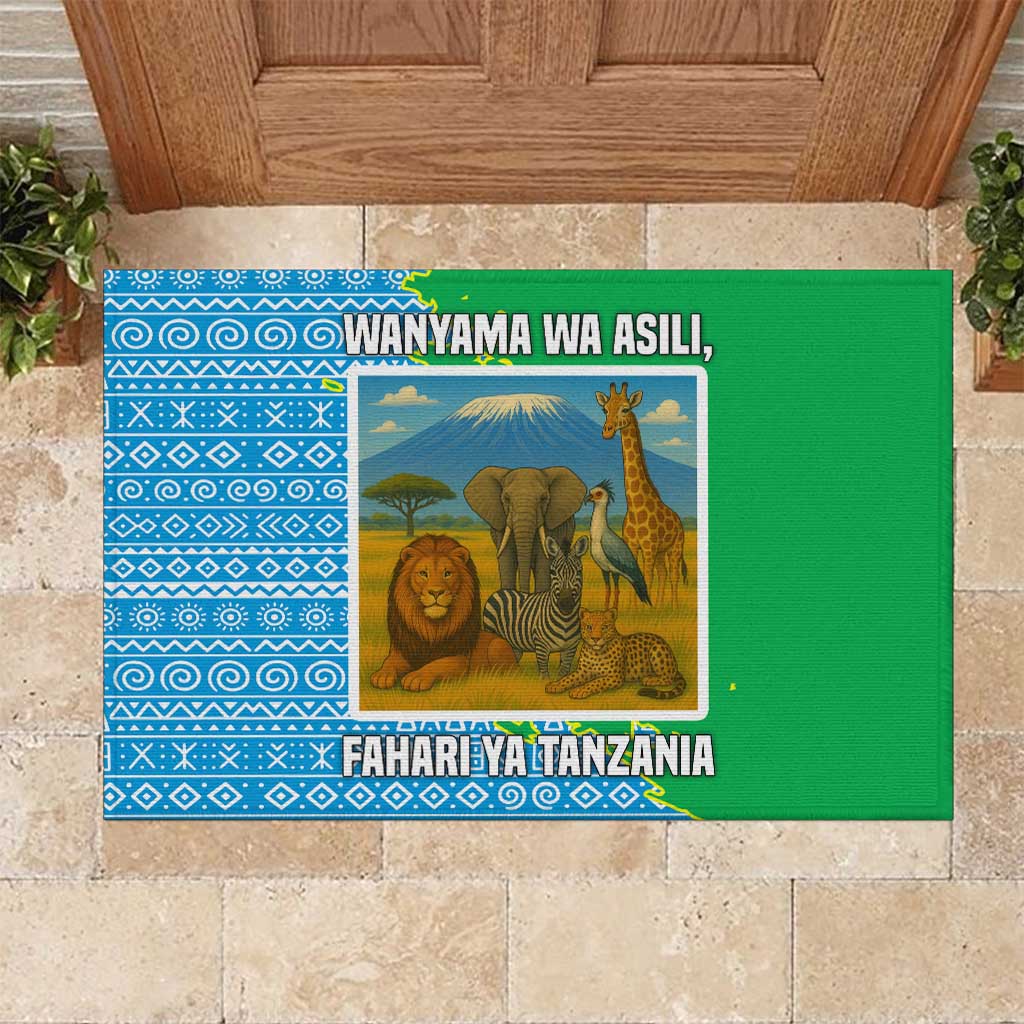 Tanzania Wildlife Rubber Doormat with Tribal Print and Mount Kilimanjaro Safari Scene