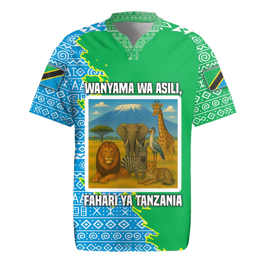 Tanzania Wildlife Rugby Jersey with Tribal Print and Mount Kilimanjaro Safari Scene