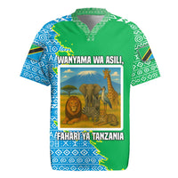 Tanzania Wildlife Rugby Jersey with Tribal Print and Mount Kilimanjaro Safari Scene