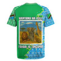 Tanzania Wildlife Rugby Jersey with Tribal Print and Mount Kilimanjaro Safari Scene