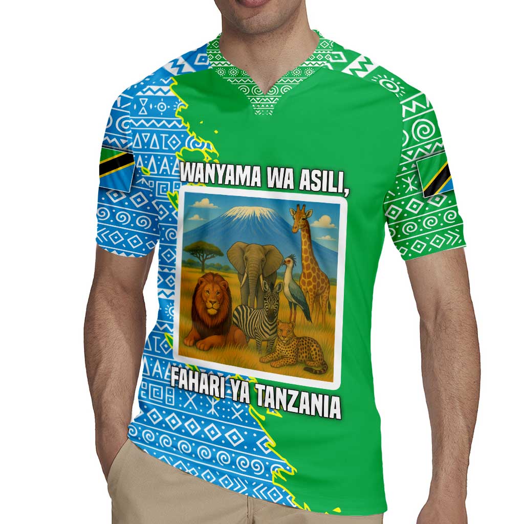 Tanzania Wildlife Rugby Jersey with Tribal Print and Mount Kilimanjaro Safari Scene