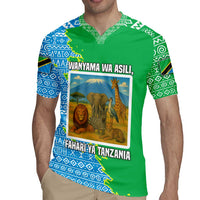 Tanzania Wildlife Rugby Jersey with Tribal Print and Mount Kilimanjaro Safari Scene
