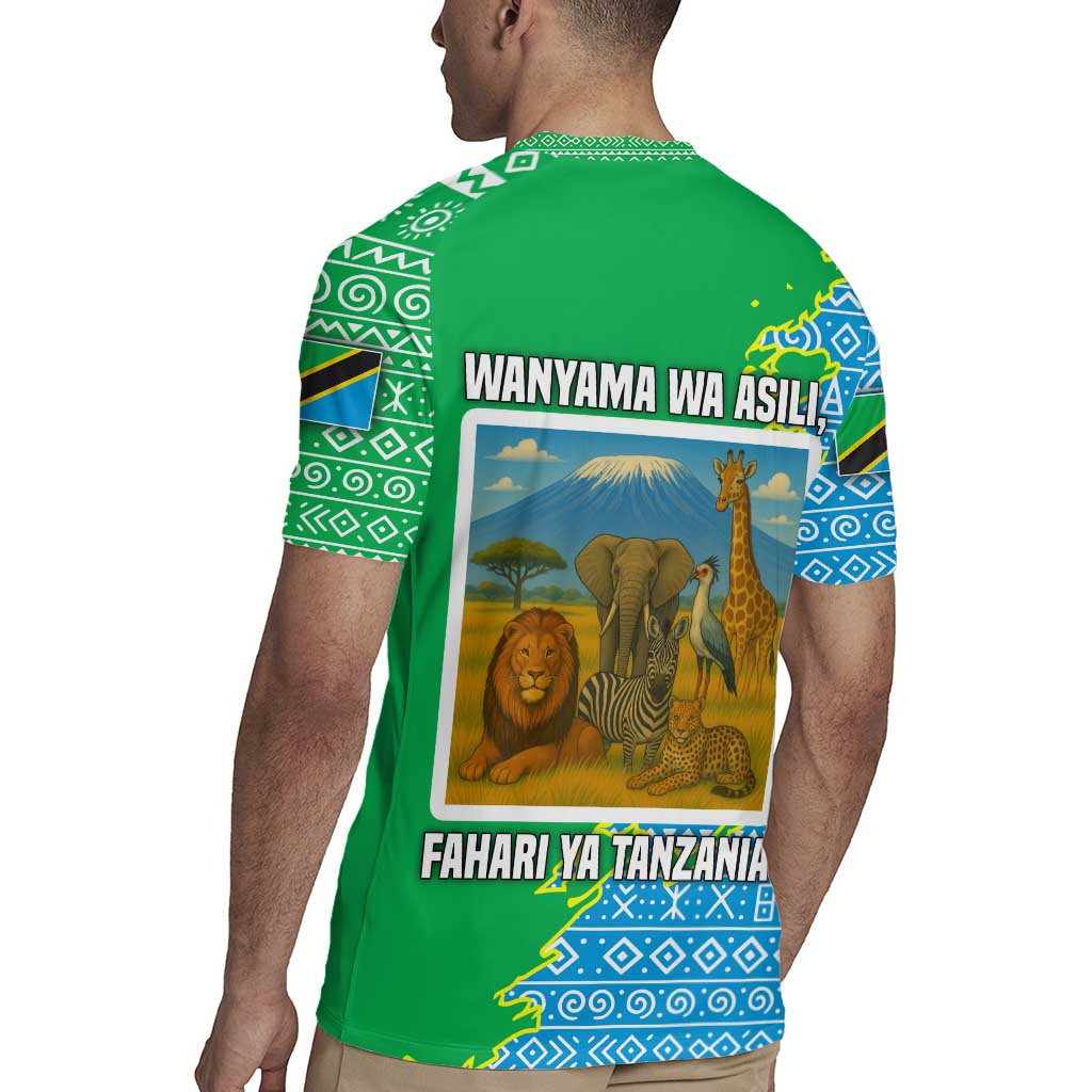 Tanzania Wildlife Rugby Jersey with Tribal Print and Mount Kilimanjaro Safari Scene