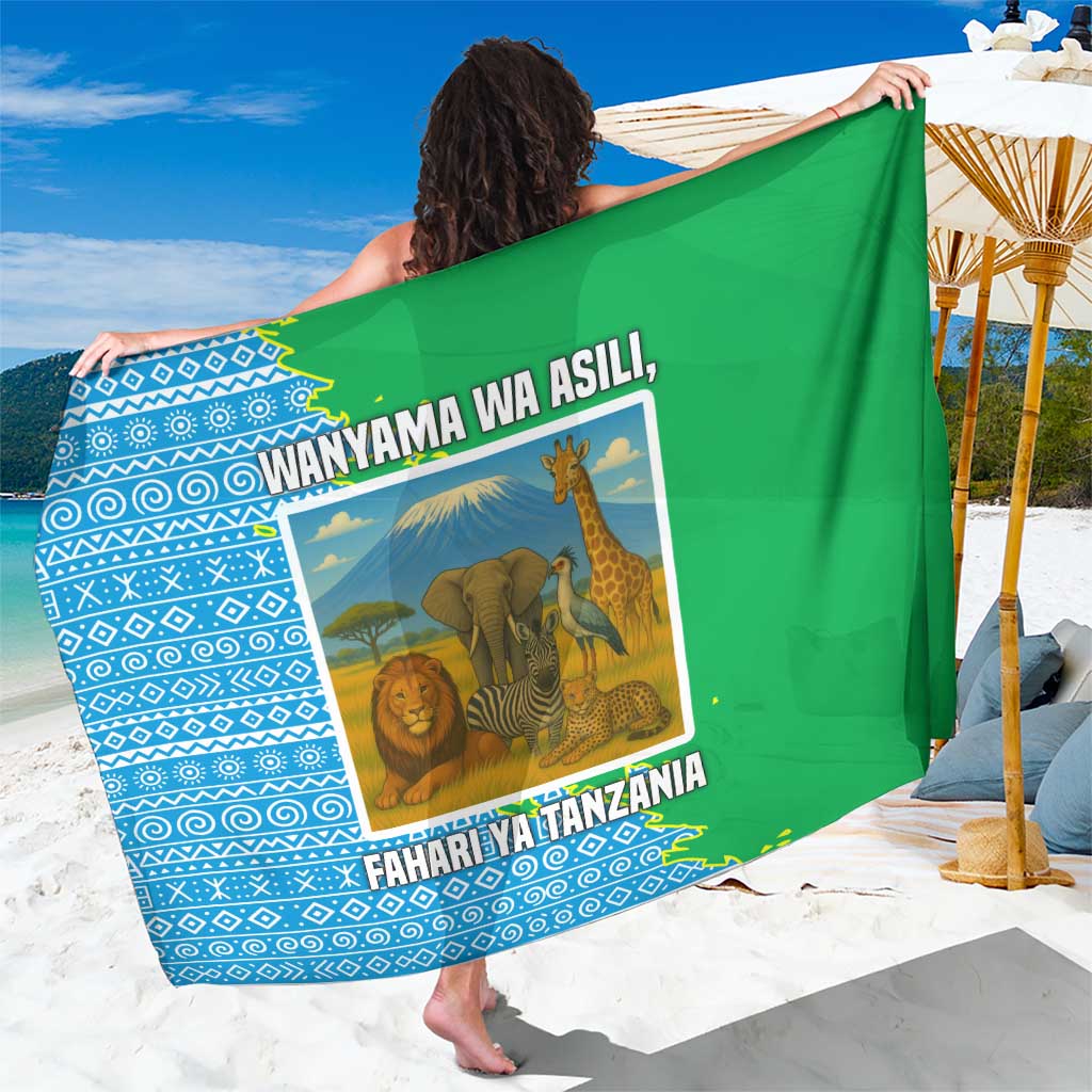 Tanzania Wildlife Sarong with Tribal Print and Mount Kilimanjaro Safari Scene