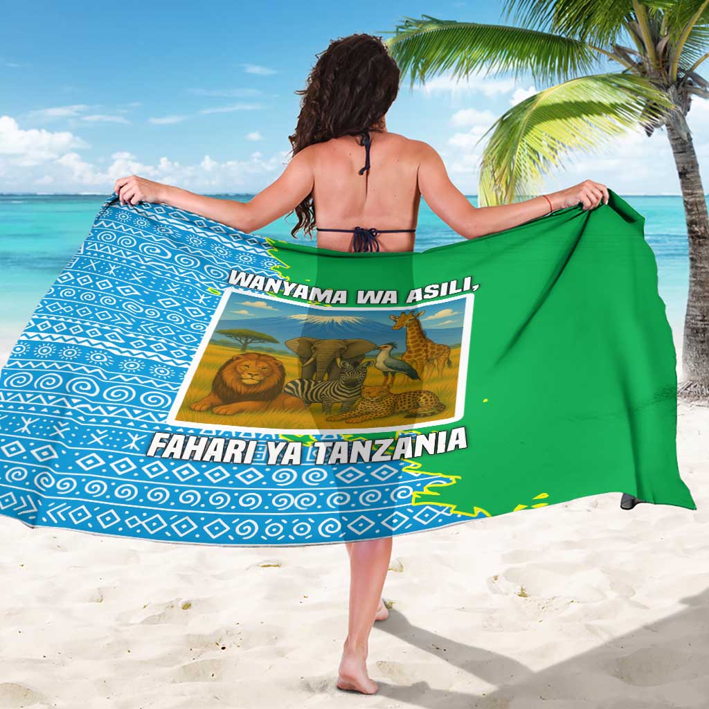 Tanzania Wildlife Sarong with Tribal Print and Mount Kilimanjaro Safari Scene