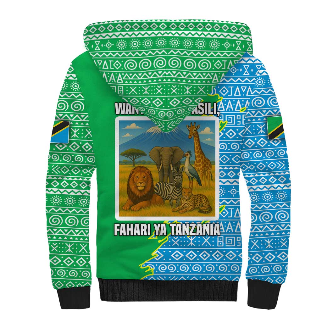 Tanzania Wildlife Sherpa Hoodie with Tribal Print and Mount Kilimanjaro Safari Scene