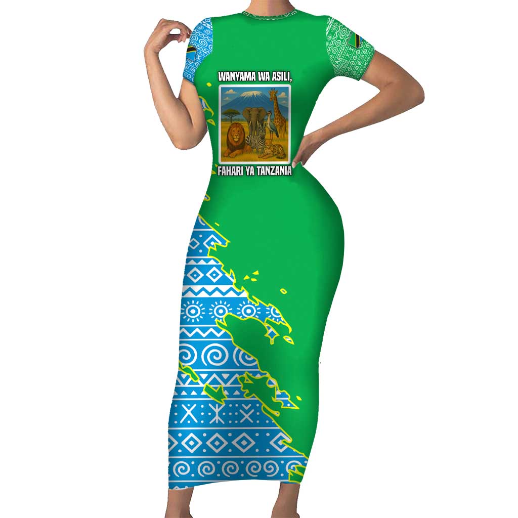 Tanzania Wildlife Short Sleeve Bodycon Dress with Tribal Print and Mount Kilimanjaro Safari Scene