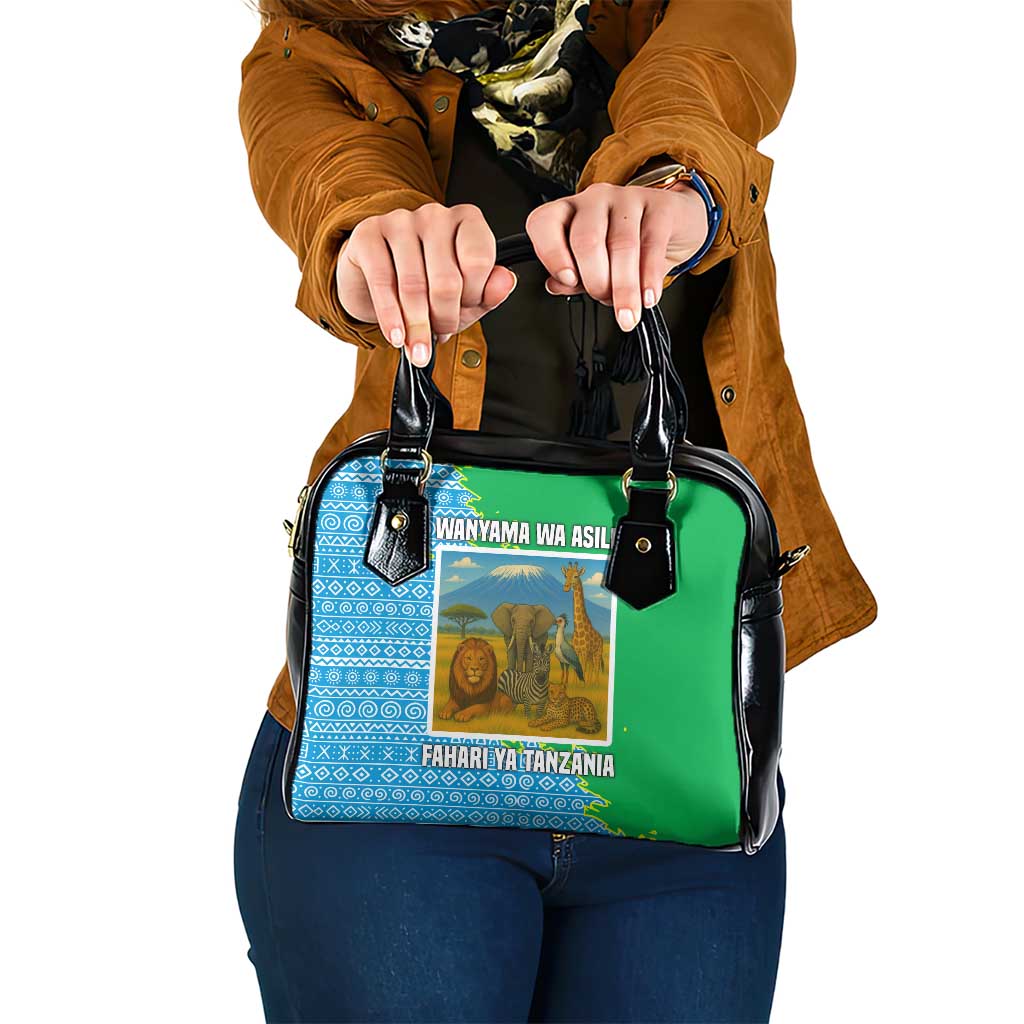 Tanzania Wildlife Shoulder Handbag with Tribal Print and Mount Kilimanjaro Safari Scene