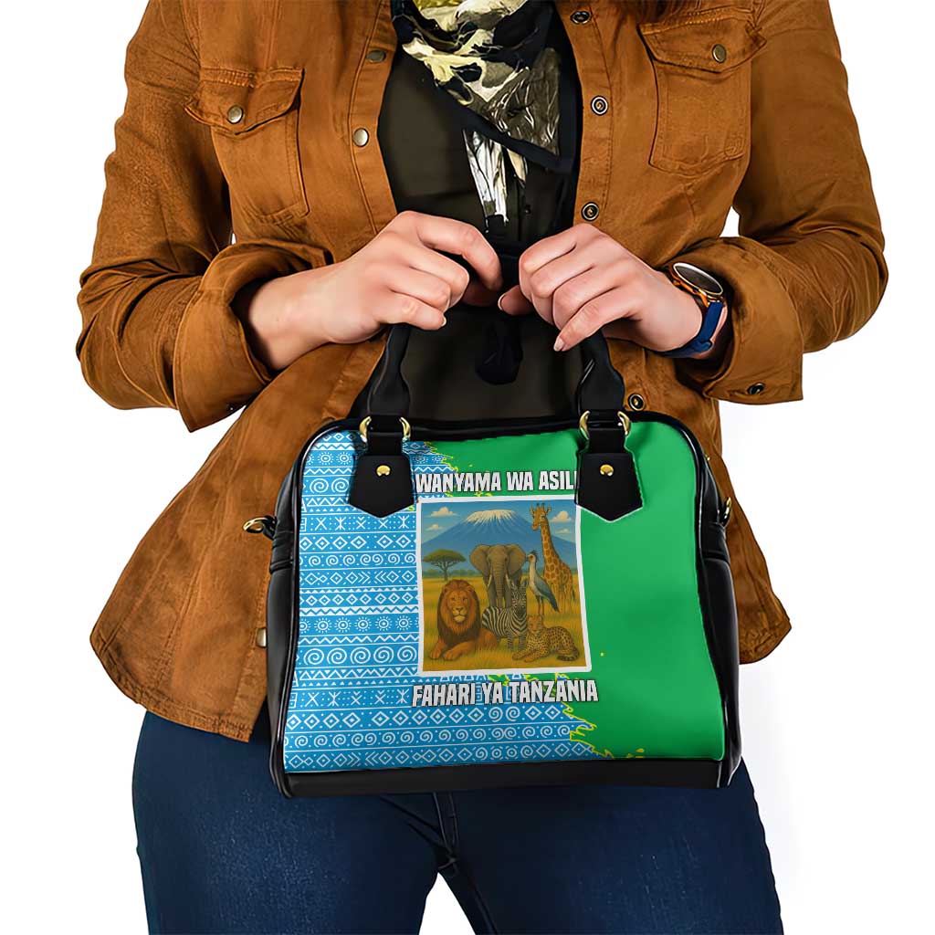 Tanzania Wildlife Shoulder Handbag with Tribal Print and Mount Kilimanjaro Safari Scene