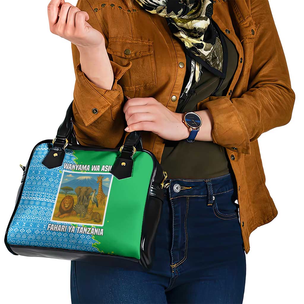 Tanzania Wildlife Shoulder Handbag with Tribal Print and Mount Kilimanjaro Safari Scene