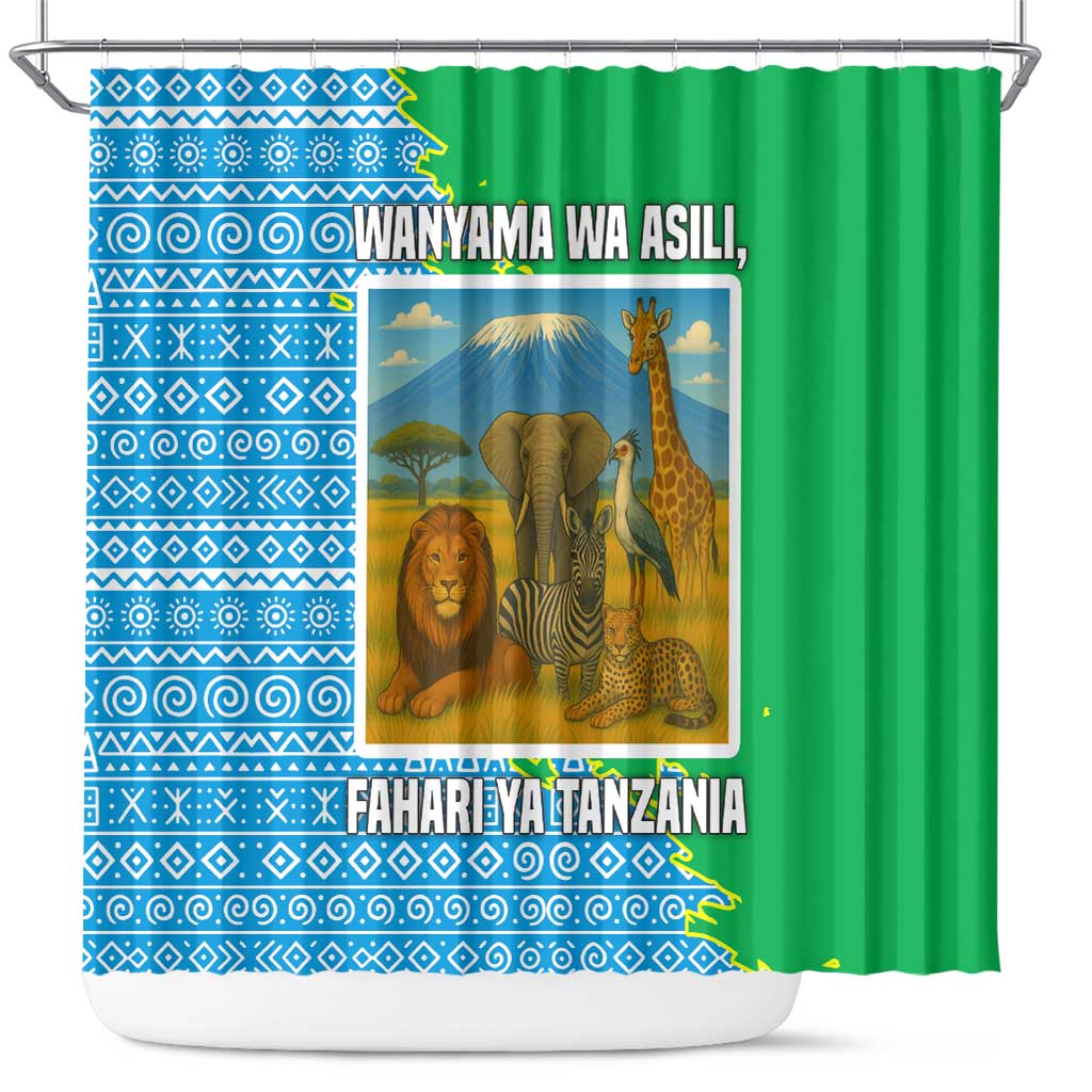 Tanzania Wildlife Shower Curtain with Tribal Print and Mount Kilimanjaro Safari Scene