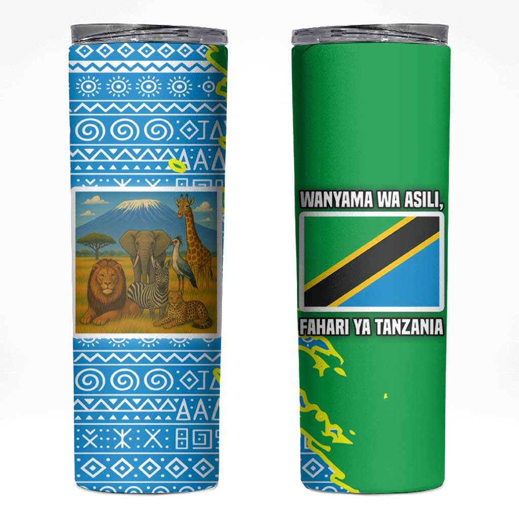 Tanzania Wildlife Skinny Tumbler with Tribal Print and Mount Kilimanjaro Safari Scene